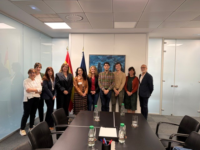 Los equipos de la AINODI y del INE posando de pie con las banderas de España y de la UE detrás en una sala de reuniones en la que se ve la mesa
