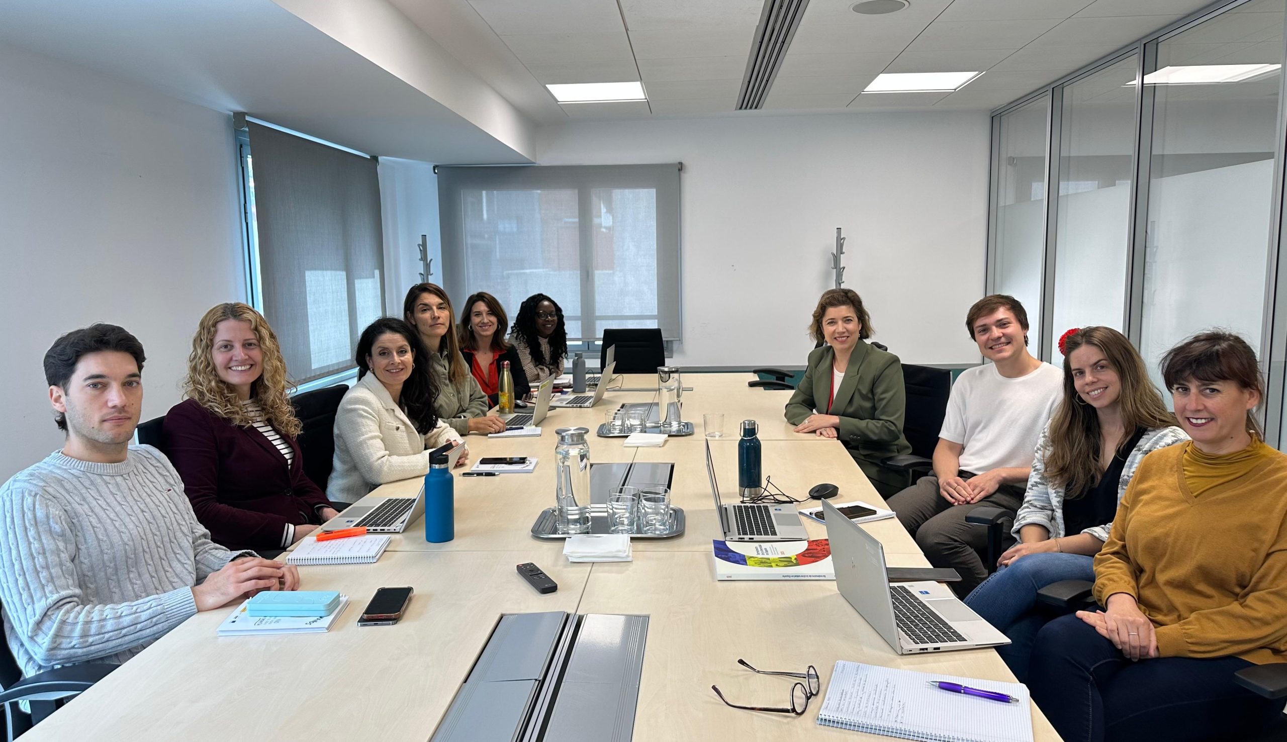 La presidenta de la AINODI y la directora de la Fundación Diversidad, junto a ocho personas del equipo técnico de la AINODi, sentadas alrededor de una mesa de reuniones