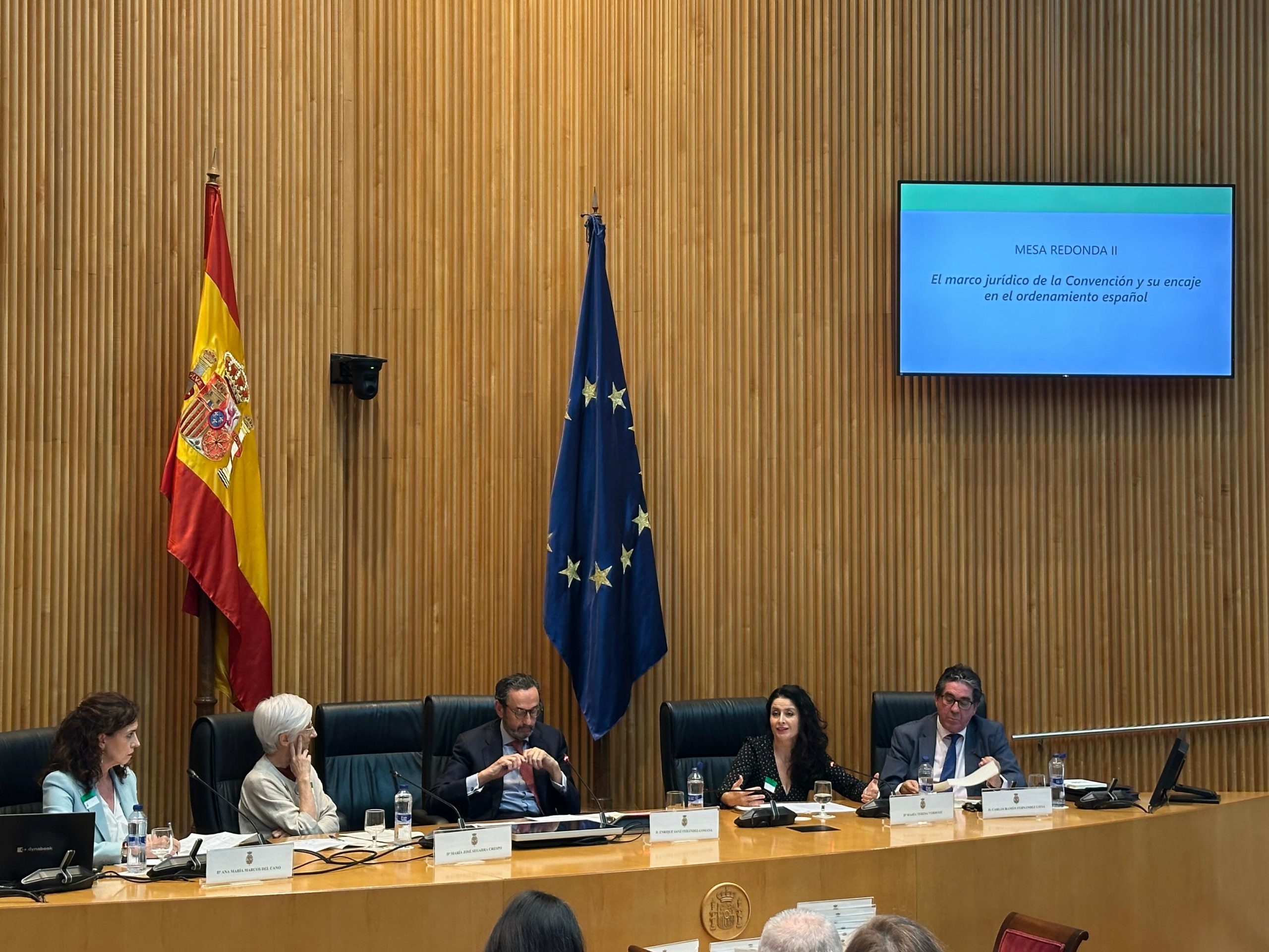 La presidenta de la AINODI junto a cuatro personas más en una mesa de ponencias, con las banderas de España y Europa detrás
